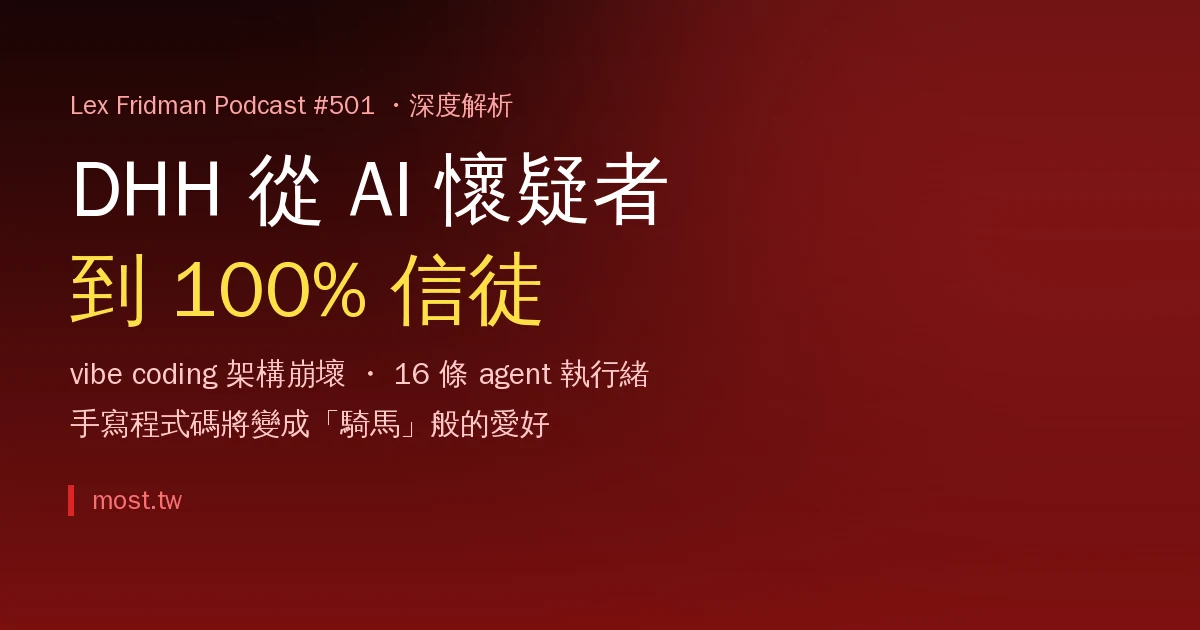 DHH 深度解析：從 AI 懷疑論者到「100% 信徒」——Lex Fridman #501 的 7 個核心論點與 vibe coding 架構崩壞實例